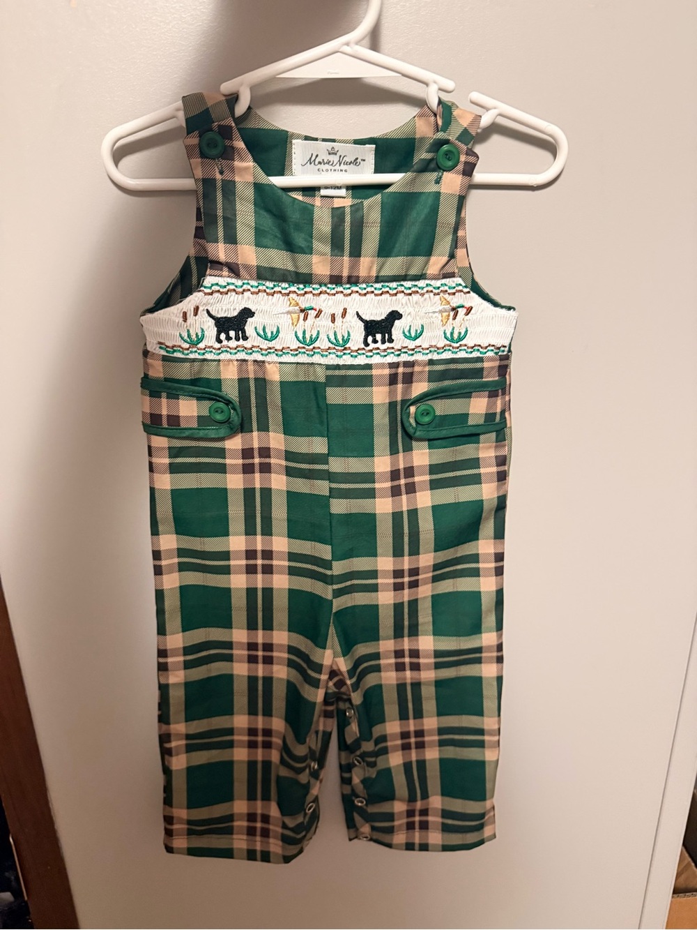 Green Plaid Smocked Overalls with Cat Embroidery